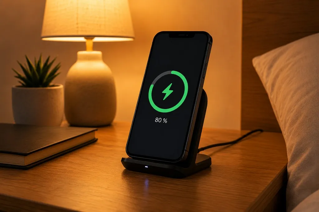 Smartfón na nabíjačke, indikátor batérie na 80 %