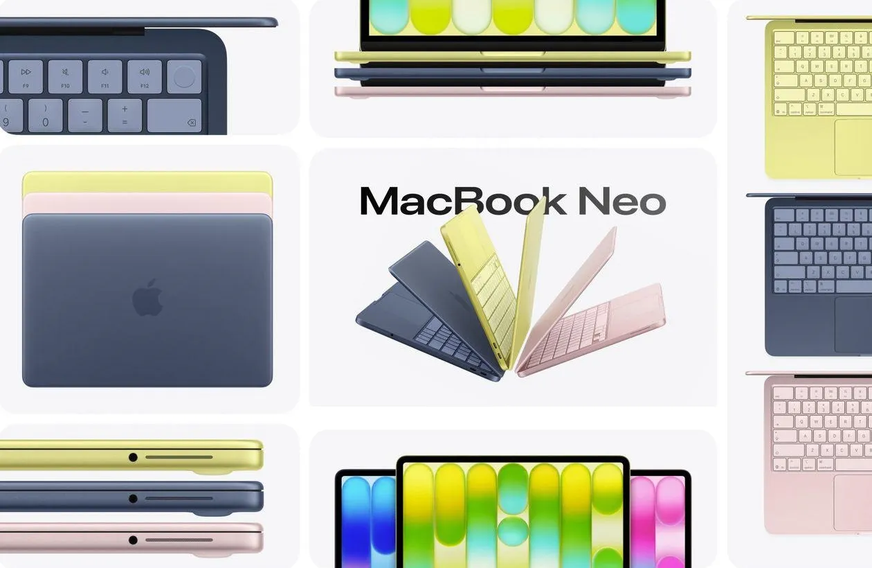 MacBook Neo v štyroch farbách — Citrus, Indigo, Blush, Silver
