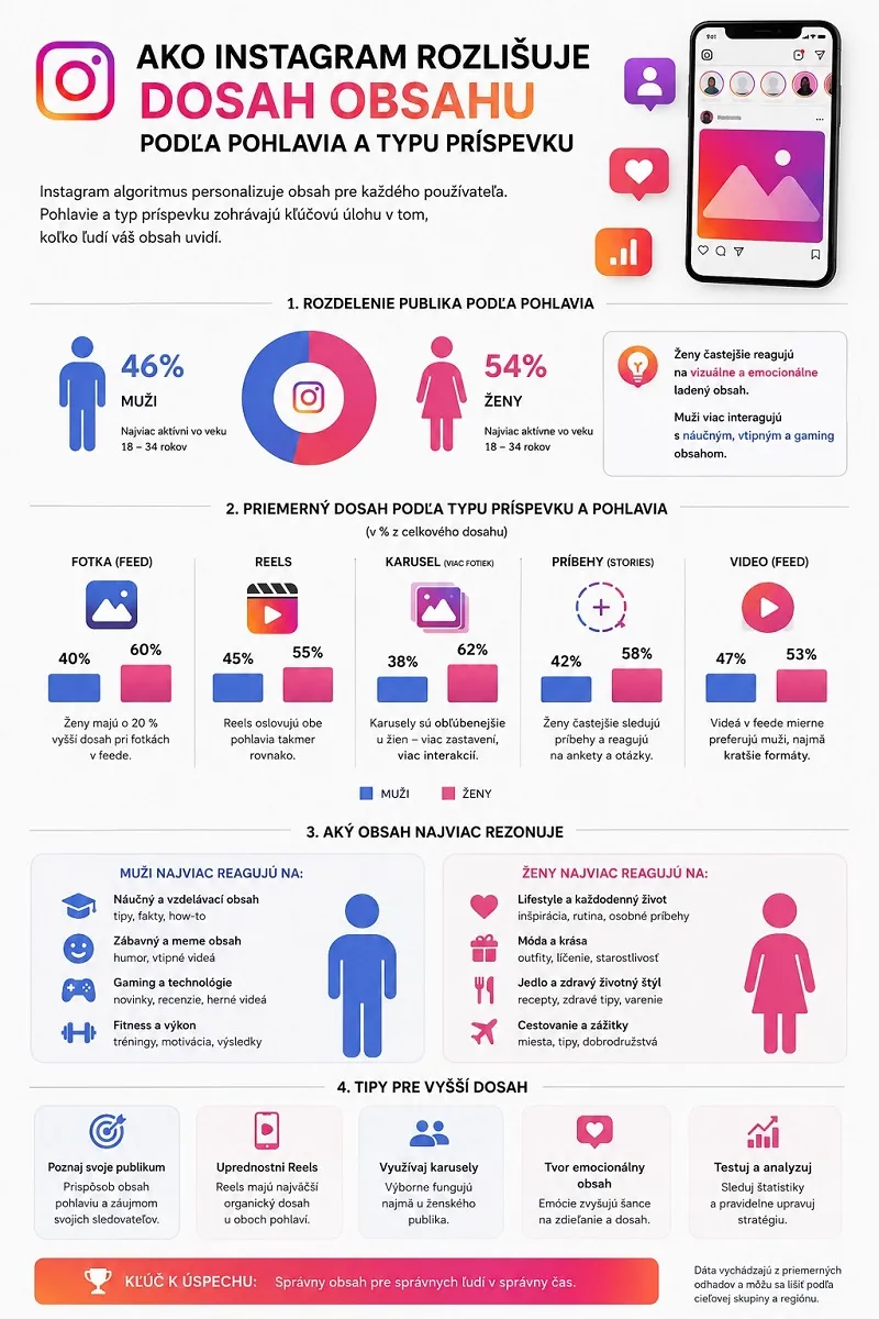 Infografika: rozdiely v dosahu obsahu na Instagrame podľa pohlavia